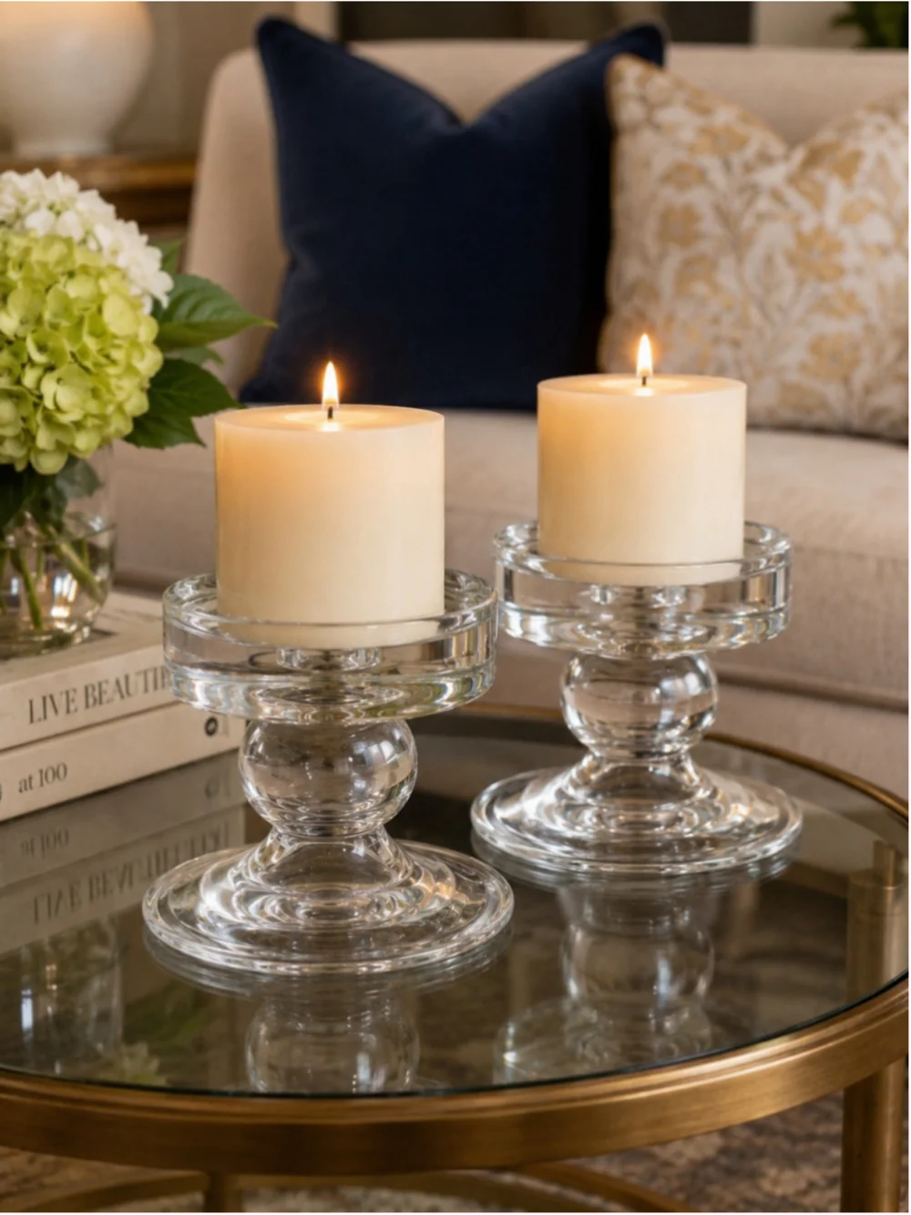 Set of 2 Reversible Clear Glass Pillar & Taper Candle Holders